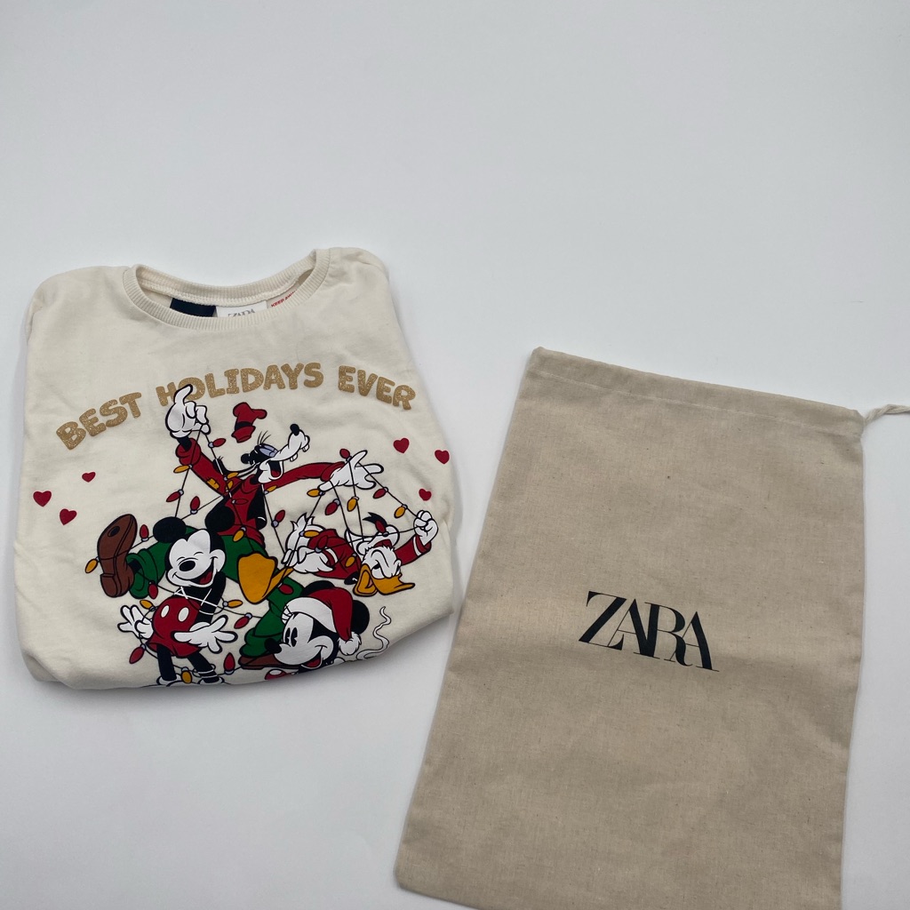 Zara Cream Festive Disney Long Sleeve Top With Mickey And Friends Characters